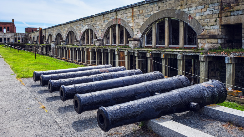 Antique cannons lined up at Fort Adams