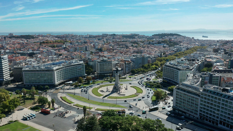 traffic circle, cars, and buildings