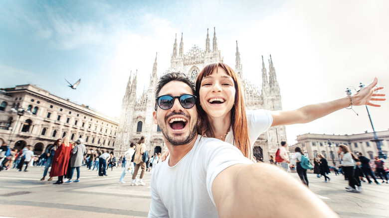 Happy young couple traveling Europe