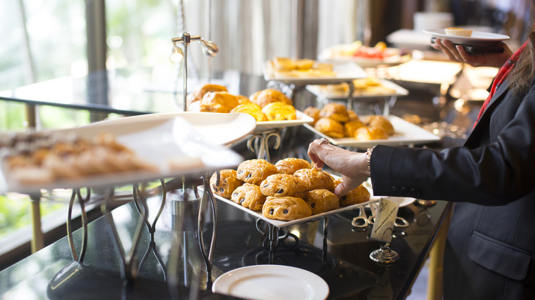 Pastries at a hotel breakfast buffet.