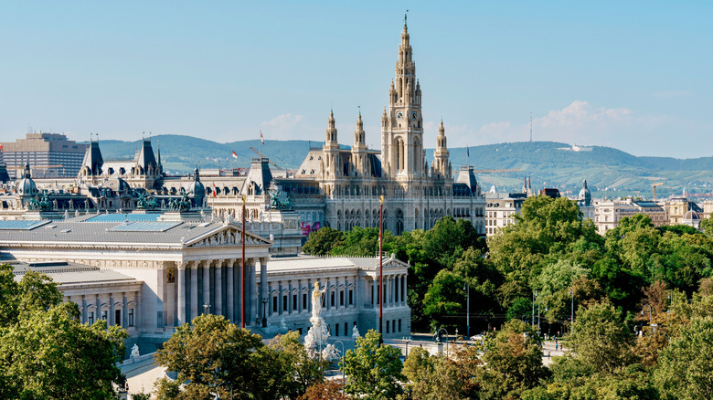 Aerial photo of Vienna's Ringstrasse with the Austrian Parliament Building and Vienna City Hall