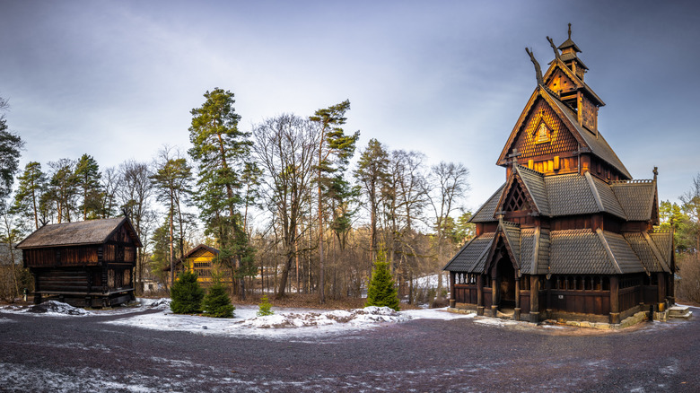 wooden church in snowy area
