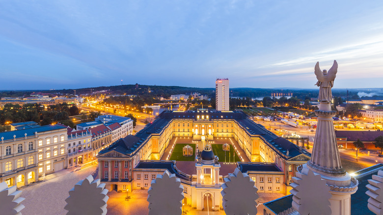 Aerial view over Potsdam Germany lit up in the evening