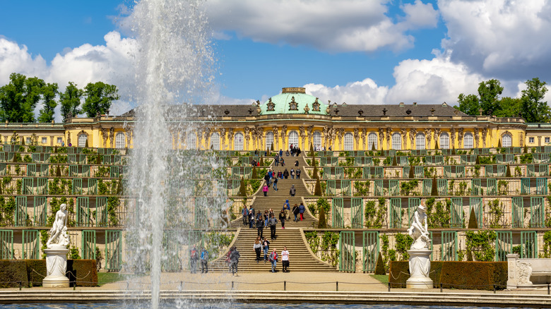 Vineyard terraces and water fountain at Sanssouci Palace in Potsdam