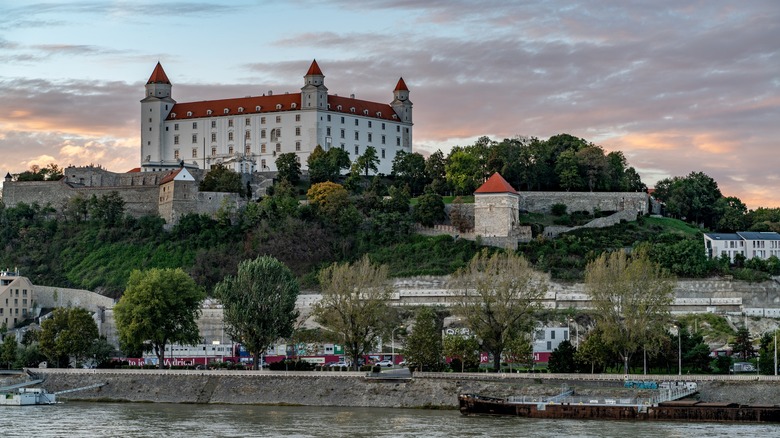 Bratislava's hilltop castle with the Danube river in the foreground
