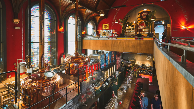 An aerial photo of a bar with beer kegs and taps