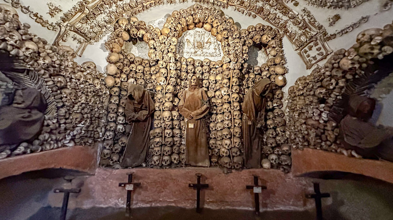 A wall covered in skulls and skeletons in the Capuchin Crypt in Rome