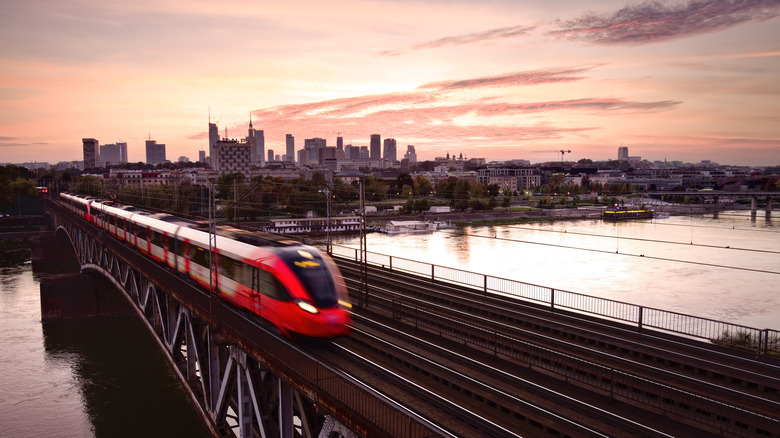 Train crossing a bridge in Warsaw