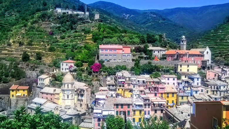 Colorful buildings against rolling green hills in Cinque Terre.