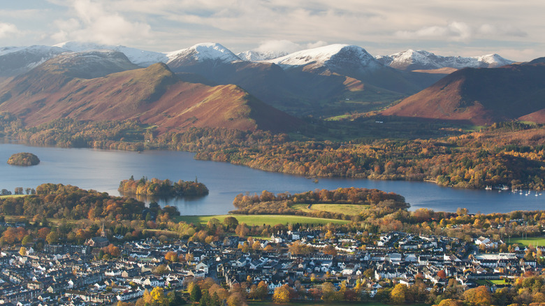 View of Keswick surrounded by snow-covered hills
