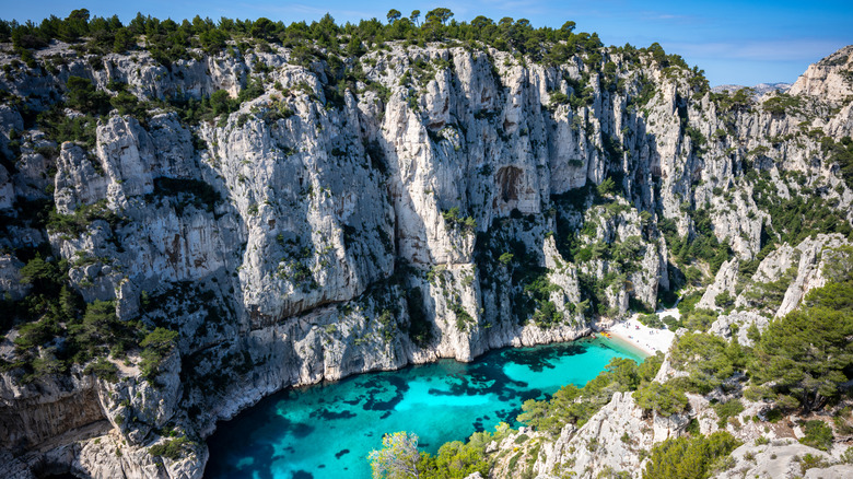 Aerial view of the Calanque de Vau and the surrounding hiking area in the Calanque de Cassis