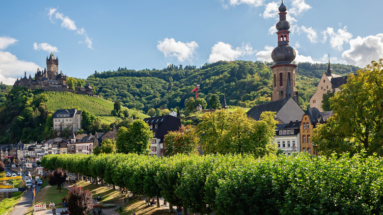 Tree-lined streets and medieval buildings in Cochem, Germany, on a sunny day