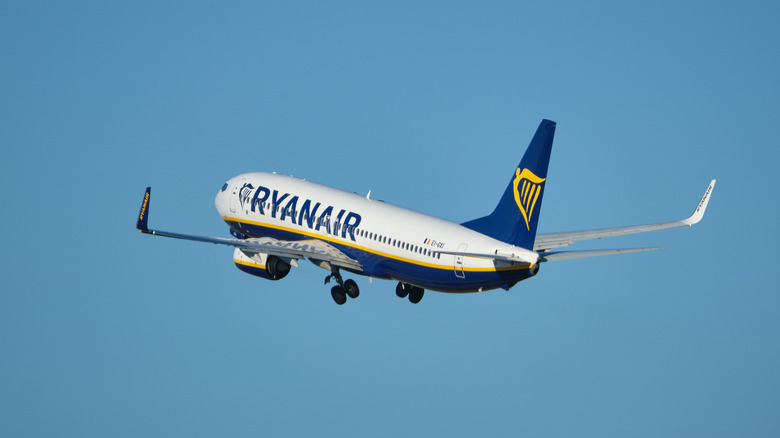 Ryanair plane in the air, blue sky