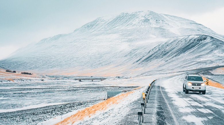 car on snowy roads in Iceland