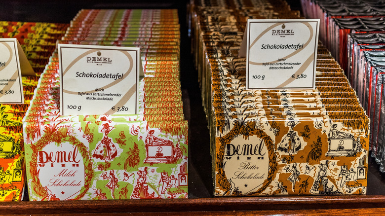 Demel chocolate bars on display.