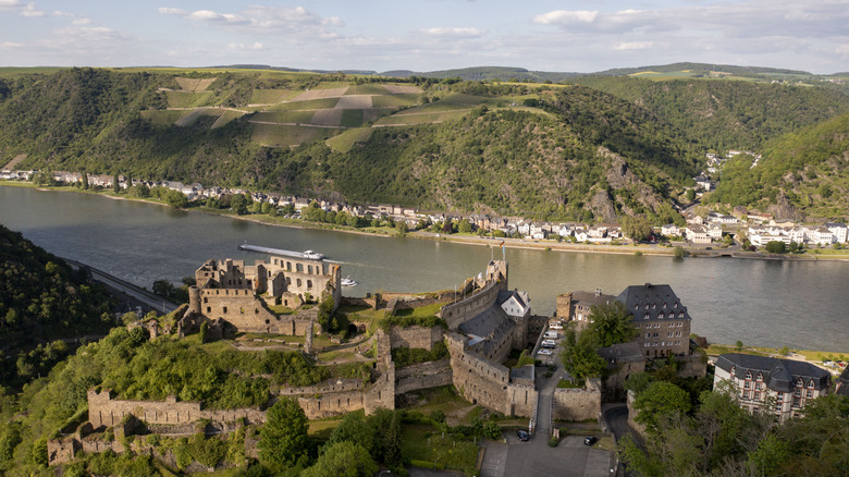 Aerial view of Rheinfels Castle overlooking the River Rhine