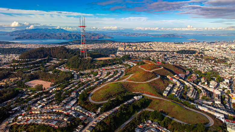 looking down on twin peaks, san francisco and the surrounding Castro and Noe Valley neighborhoods