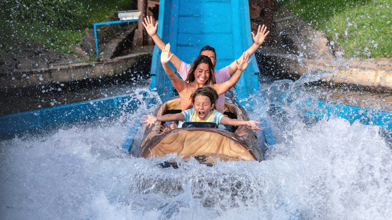 Family having fun on water park log flume ride
