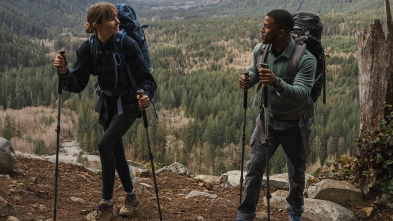 Two hikers using trekking poles on a mountain.