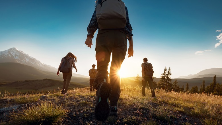 A group of hikers with backpacks on
