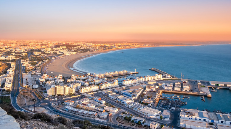 Panoramic view of Agadir city and bay in southern Morocco with Marina, beach and ocean