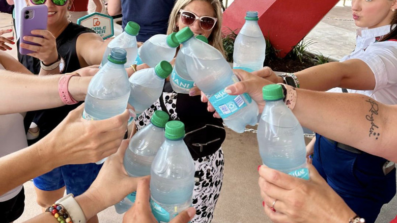 group at Disney clinking water bottles