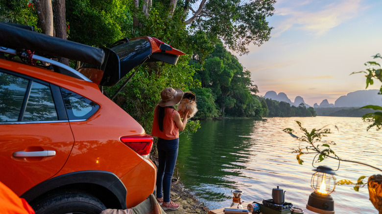 A woman and her dog camping by a river.