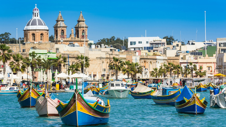 Marxaslokk harbor with traditional Maltese boats