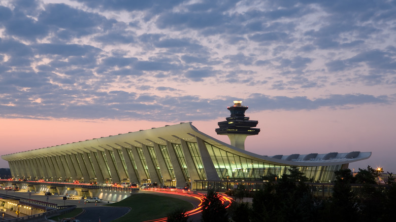 Terminal at Washington Dulles Airport under sunset sky