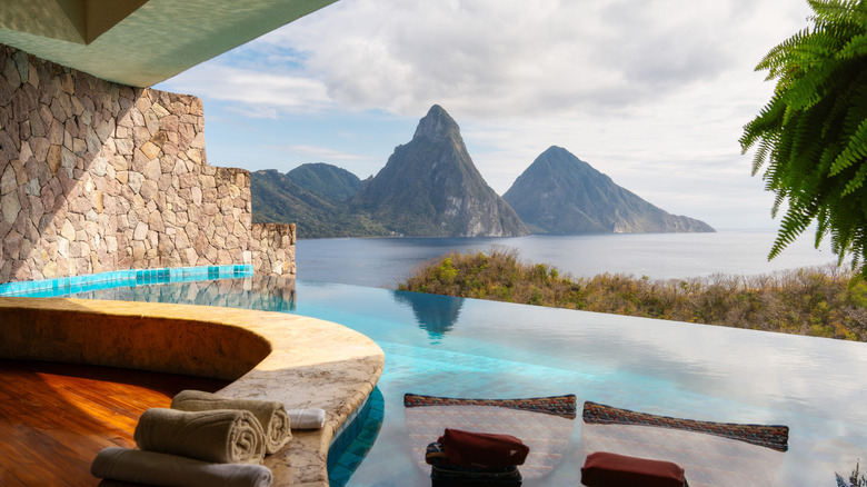 View of the Pitons from one of Jade Mountain Resort's infinity pools