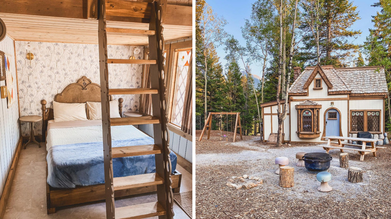 Split image of fairytale castle and interior bedroom