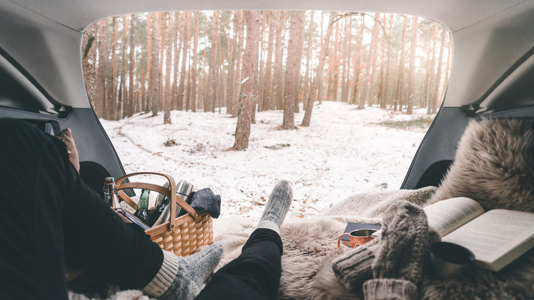POV shot from inside a car camping during the winter.