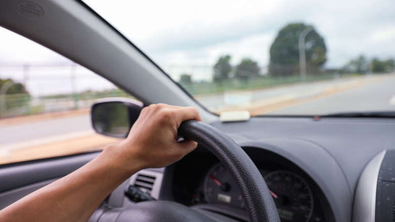 A hand grips a steering wheel in a car driving down the road