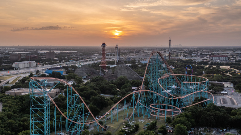An aerial view of Six Flags Over Texas.