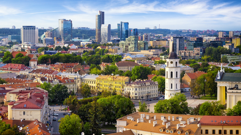 Aerial view of the old town and the modern center of Vilnius, Lithuania