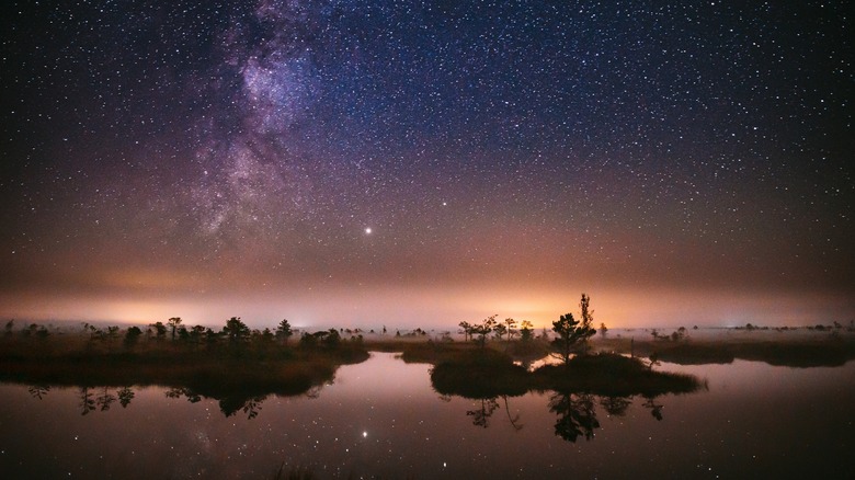Starry sky above lake