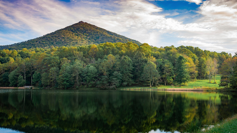Sharp Top Mountain reflected in a lake in Peaks of Otter