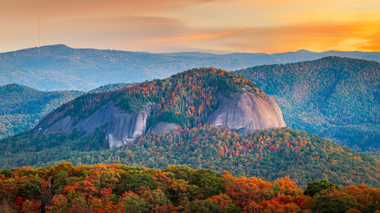 Fall foliage surrounding Looking Glass Rock in Pisgah National Forest