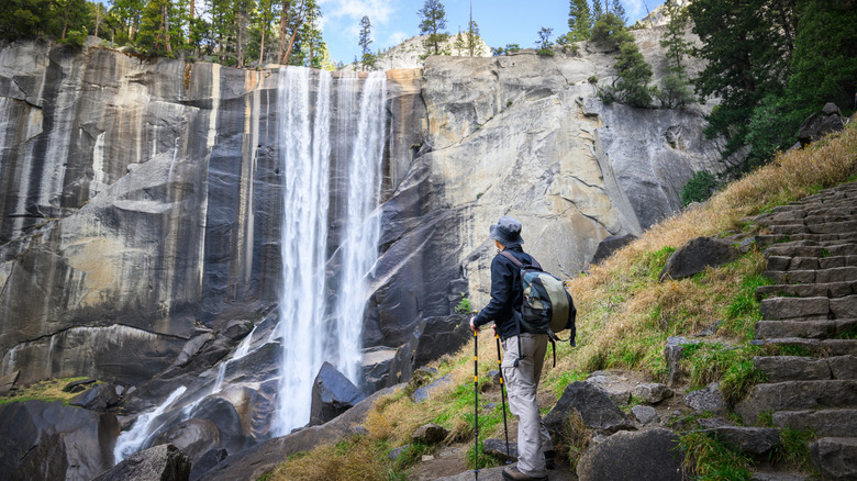 A hiker looking at waterfall in Yosemite National Park