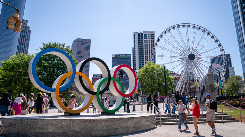 A view of the ferris wheel and Olympic rings at Centennial Olympic Park in Atlanta