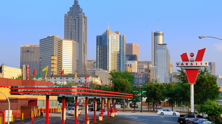 The Varsity drive-through restaurant in front of the Atlanta skyline