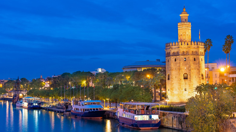 Torre del Oro tower at sunset in Seville Sevilla of Andalusia of Spain