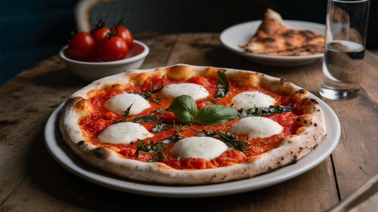 Medallions of mozzarella decorate a Neopolitan pizza