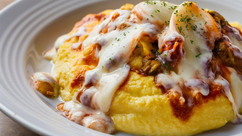 Cheese and sauce are piled on a plate of polenta