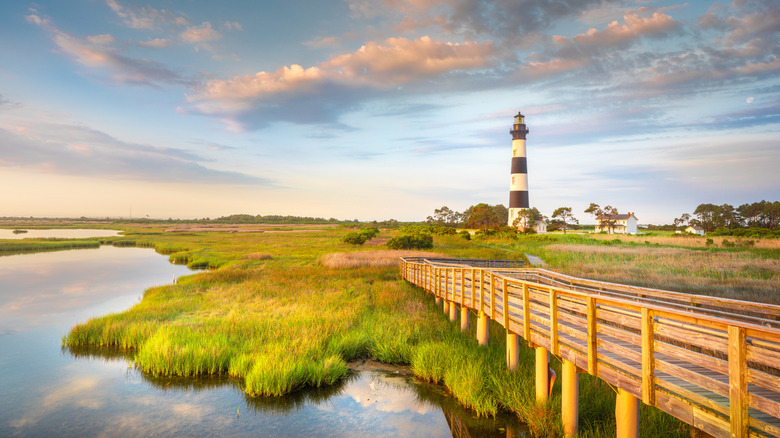 The Bodie Island Lighthouse seen from a distance along the Cape Hatteras shoree