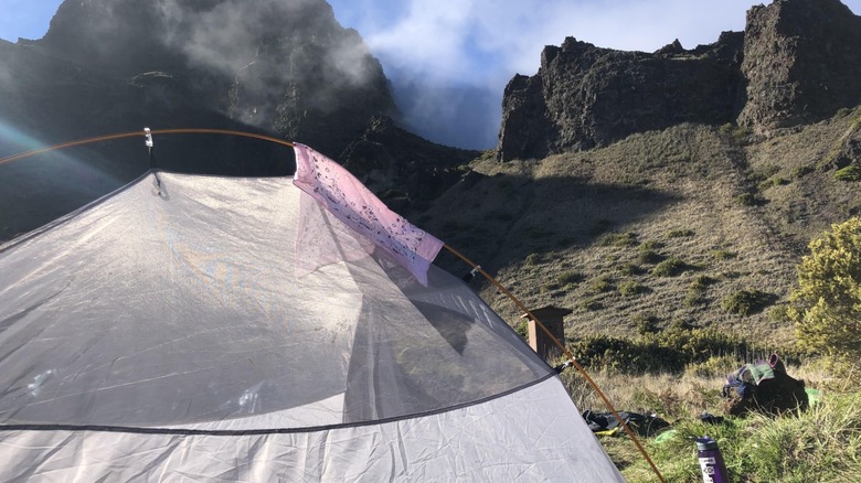Tent in Haleakalā National Park with mountain in background