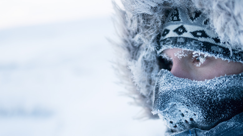 A man in winter clothes and a mask. Portrait of a traveler in the Arctic with ce and snow on his eyelashes, face and mask.