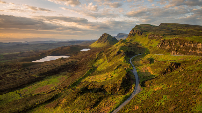 Beautiful cloudy sky over an impressive view of The Quiraing on The Isle of Skye, Scotland, UK.