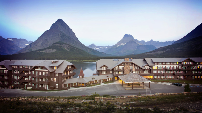 Aerial view of Many Glacier Hotel