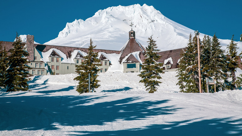 Timberline Lodge with Mount Hood in the background